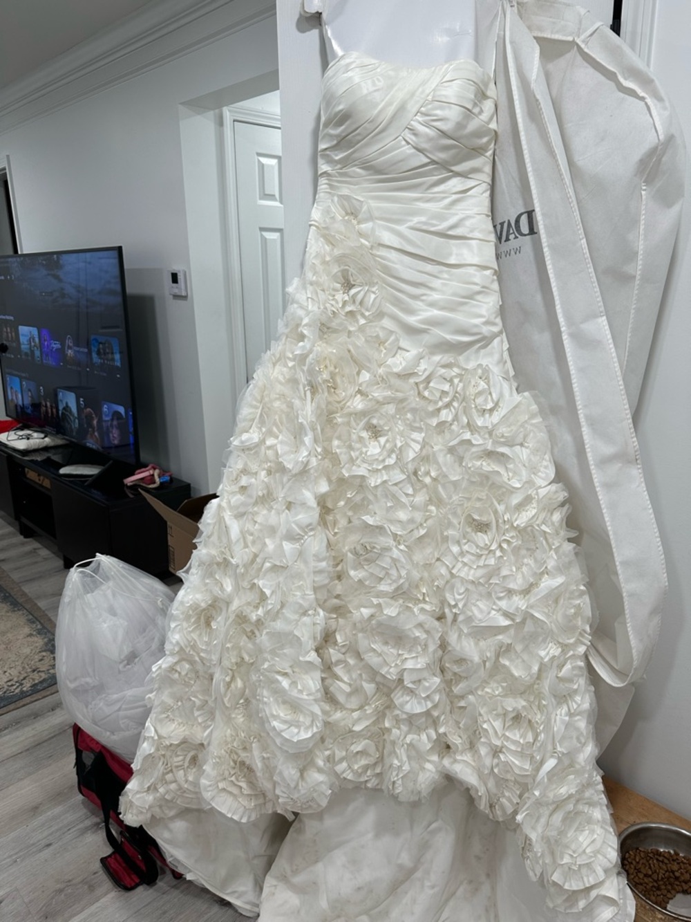 Galina Signature Ivory Strapless Wedding Ball Gown with Floral Appliqué